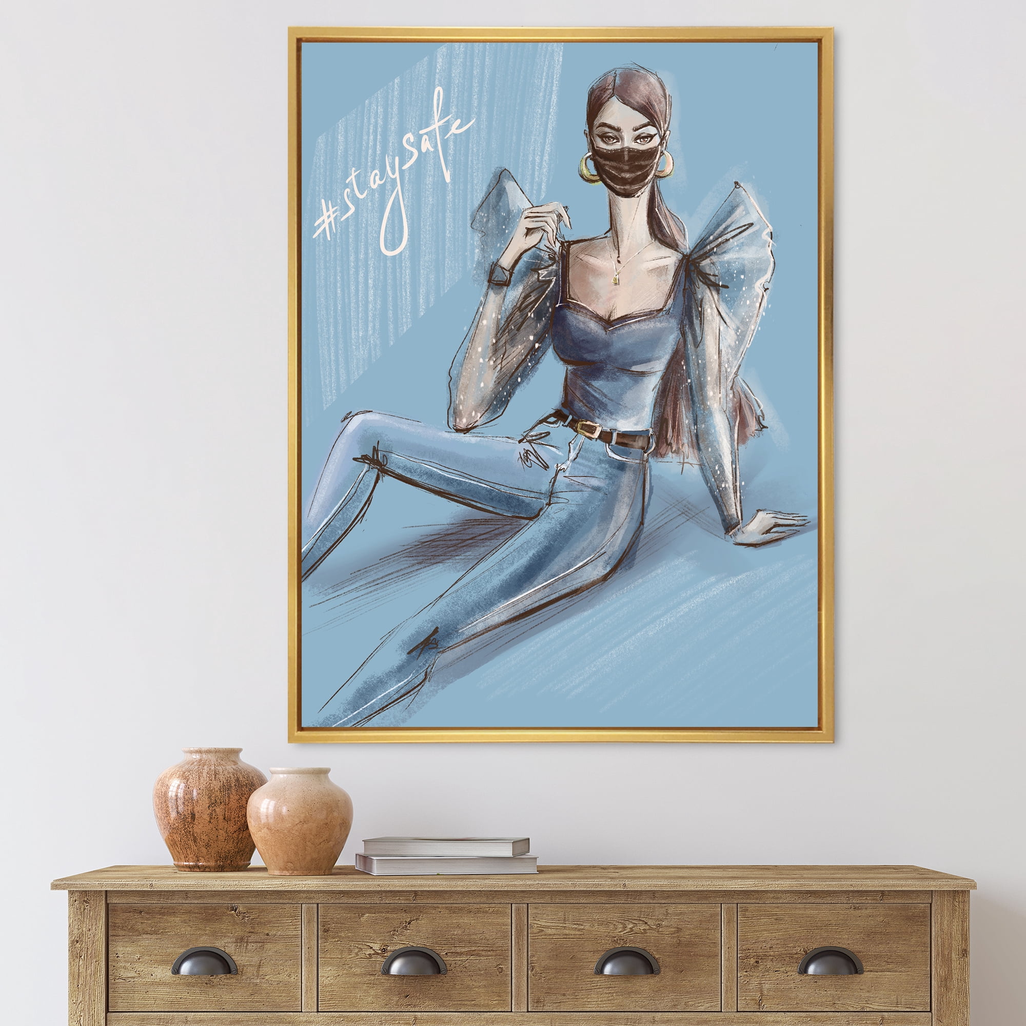 Designart 'Stylish Beautiful Woman Wearing Medical Mask' Traditional Framed Canvas Wall Art Print
