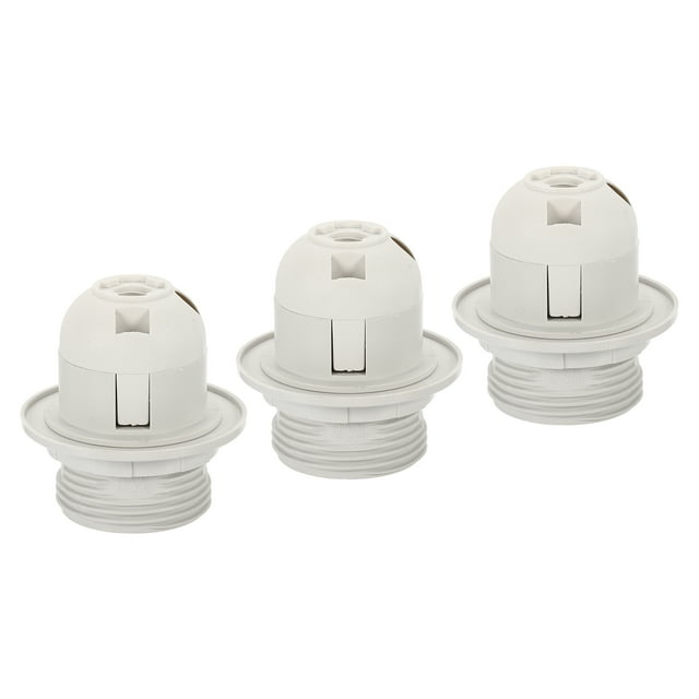Unique Bargains E26/E27 Screw Thread 24mm Light Socket Retro LED Bulb Lamp Holder White 3 Pack. The image displays three white light sockets with a screw-on base, designed for E26/E27 bulbs. Each socket has a 24mm external thread height, a 10mm mounting hole diameter, and is constructed from heat-resistant plastic and copper. These sockets are CE certified, corrosion-resistant, and suitable for desk lamps, bed lamps, dining-room lamps, and more. They can also be used with lamp shades.