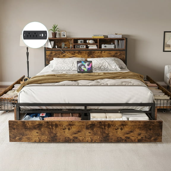 Romorgniz Metal Bed Frame with 6 Storage Drawers Queen Size Platform Bed Frame with Storage Headboard & Charge Station,Rustic Brown