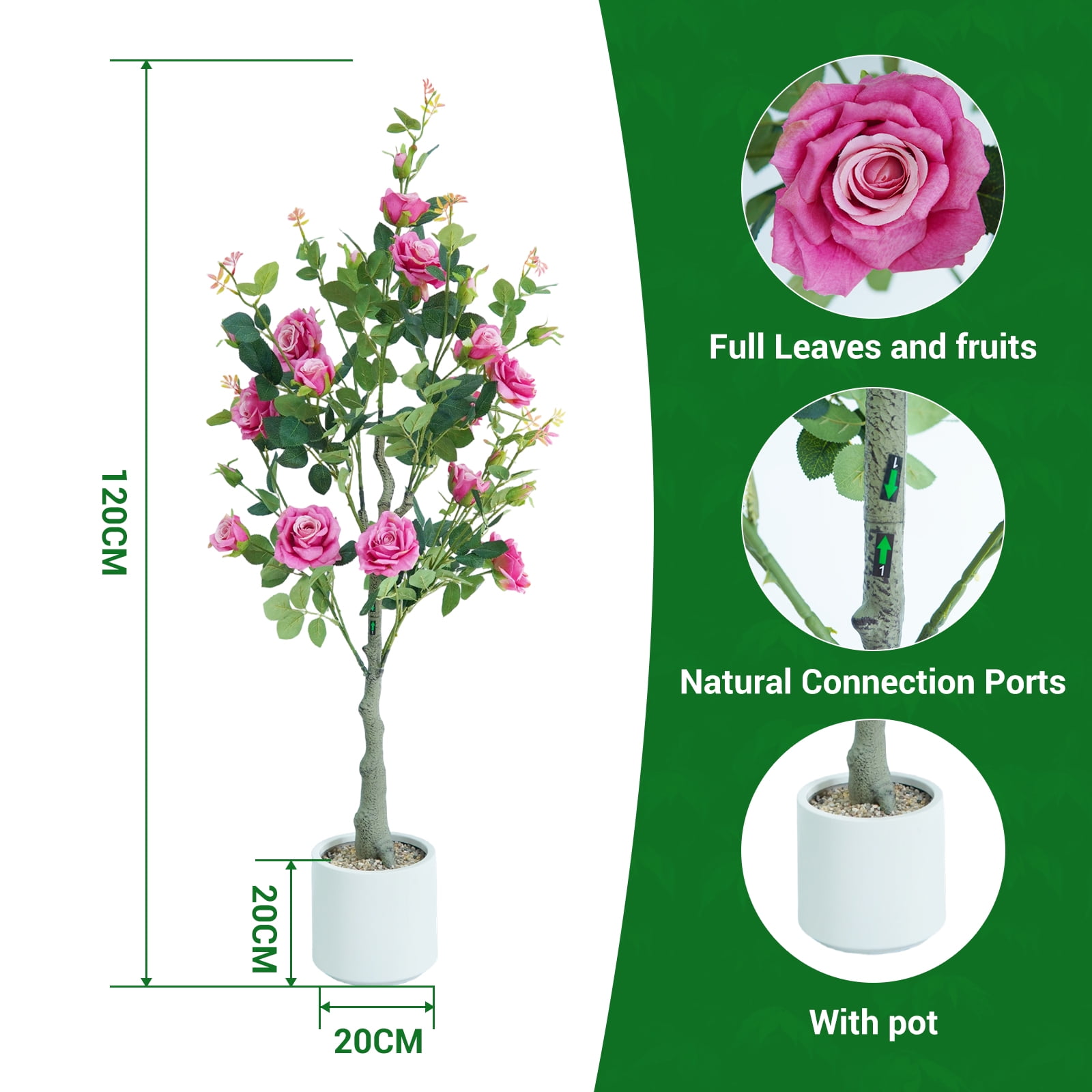 Lifelike & UV Resistant Artificial Rose Tree – 120cm Faux Plant with Silk Flowers & Plastic Leaves, White Pot, Easy Maintenance, Nordic Home/Office Décor