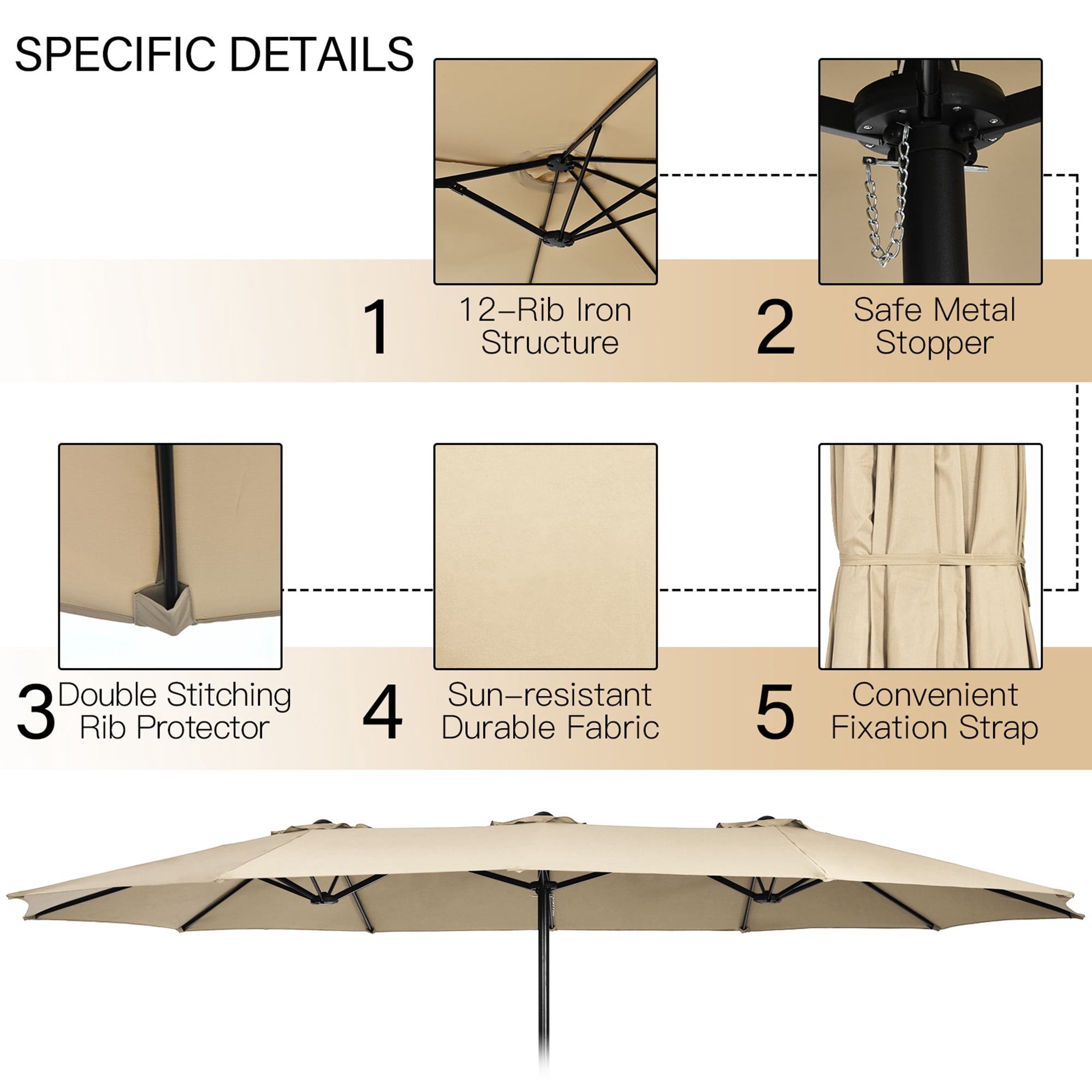 Gymax 15 ft Double-Sided Patio Twin Umbrella Extra-Large Market Umbrella w/ Base Beige