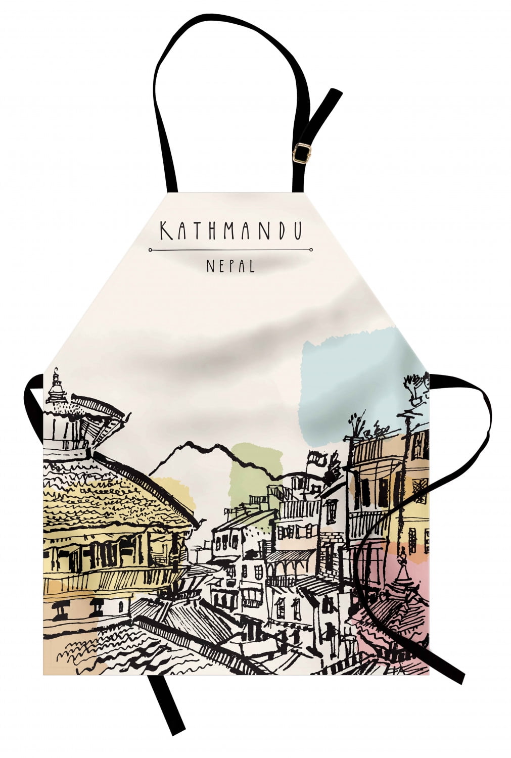 Nepal Apron Hand Drawn Temples of Durbar Mountains and Buildings in