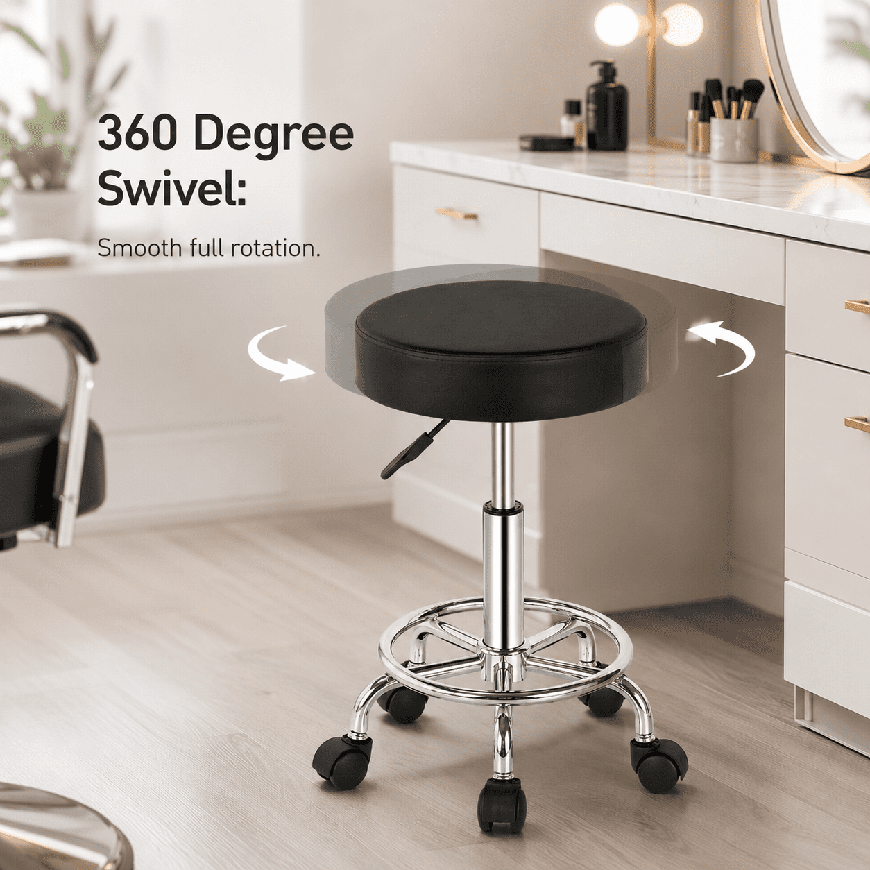 Alvantor Salon Stool with Thick Foam, Adjustable Height, 360 Swivel, Foot Ring, Black