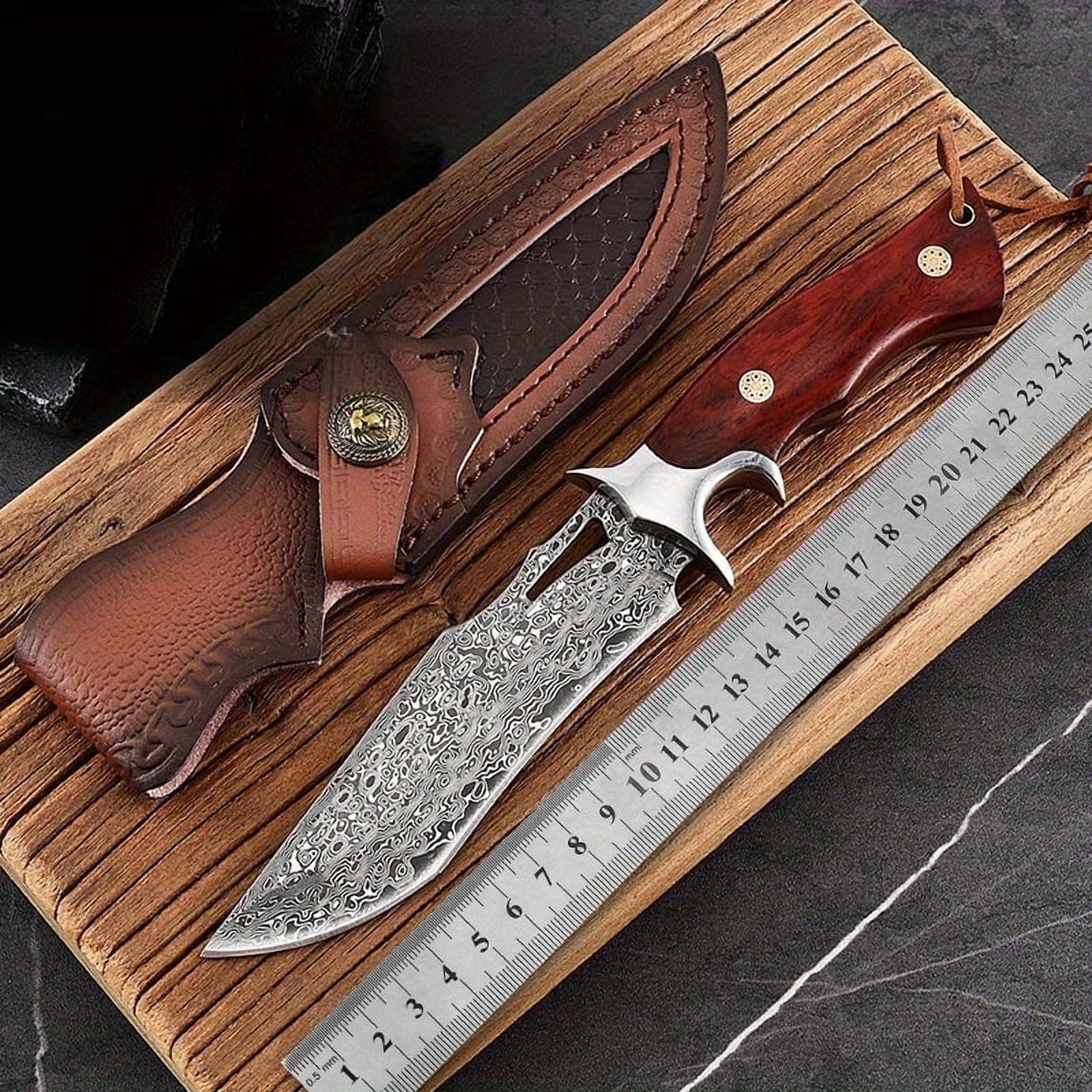 Hunting Knife with Damascus Steel Blade, Full Tang Fixed Blade with Leather Sheath