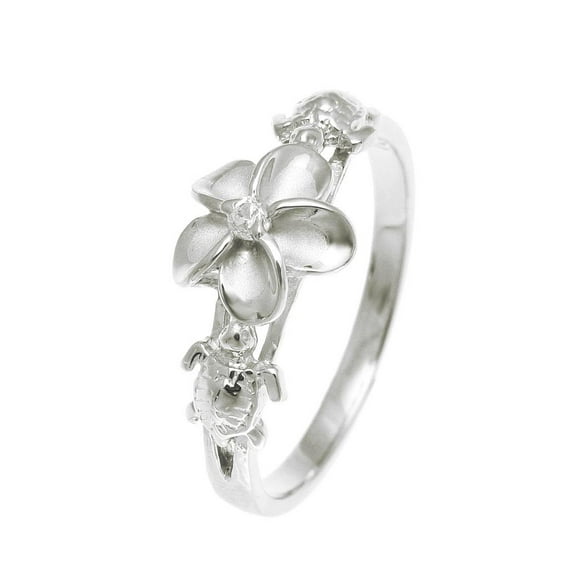 Sterling silver 925 Hawaiian plumeria flower cz 2 turtle ring rhodium plated size 4