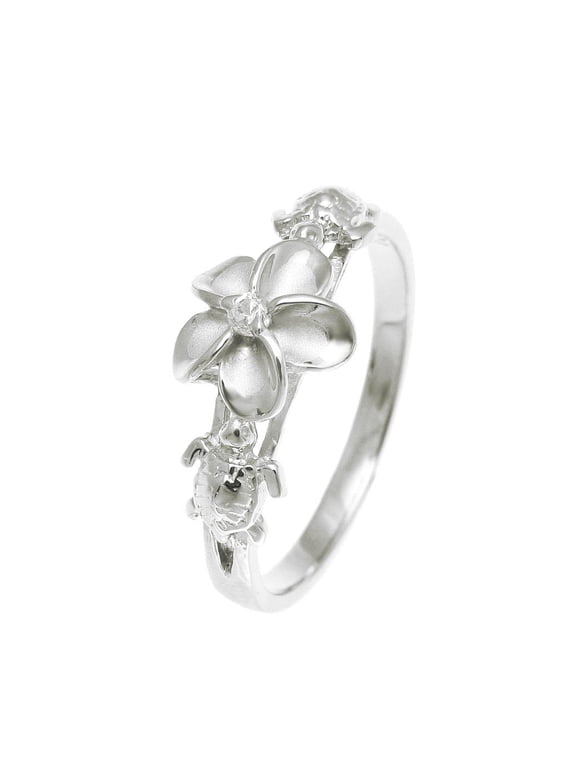 Sterling silver 925 Hawaiian plumeria flower cz 2 turtle ring rhodium plated size 7.5