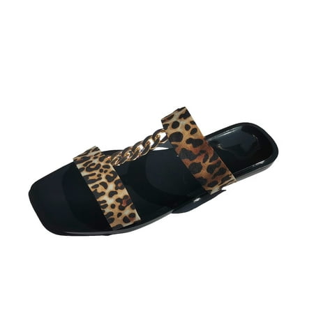 

Mortilo Womens Shoes Summer Slippers Metal Chain Square Toe Slippers Fashion Flat Plus Size Leopard Print Slippers PU