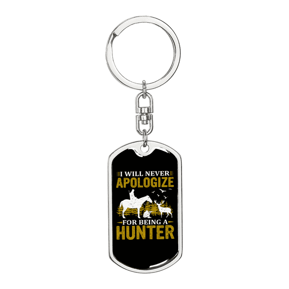 Never Apologize Hunter Stainless Steel or 18k Gold Premium Swivel Dog Tag Keychain