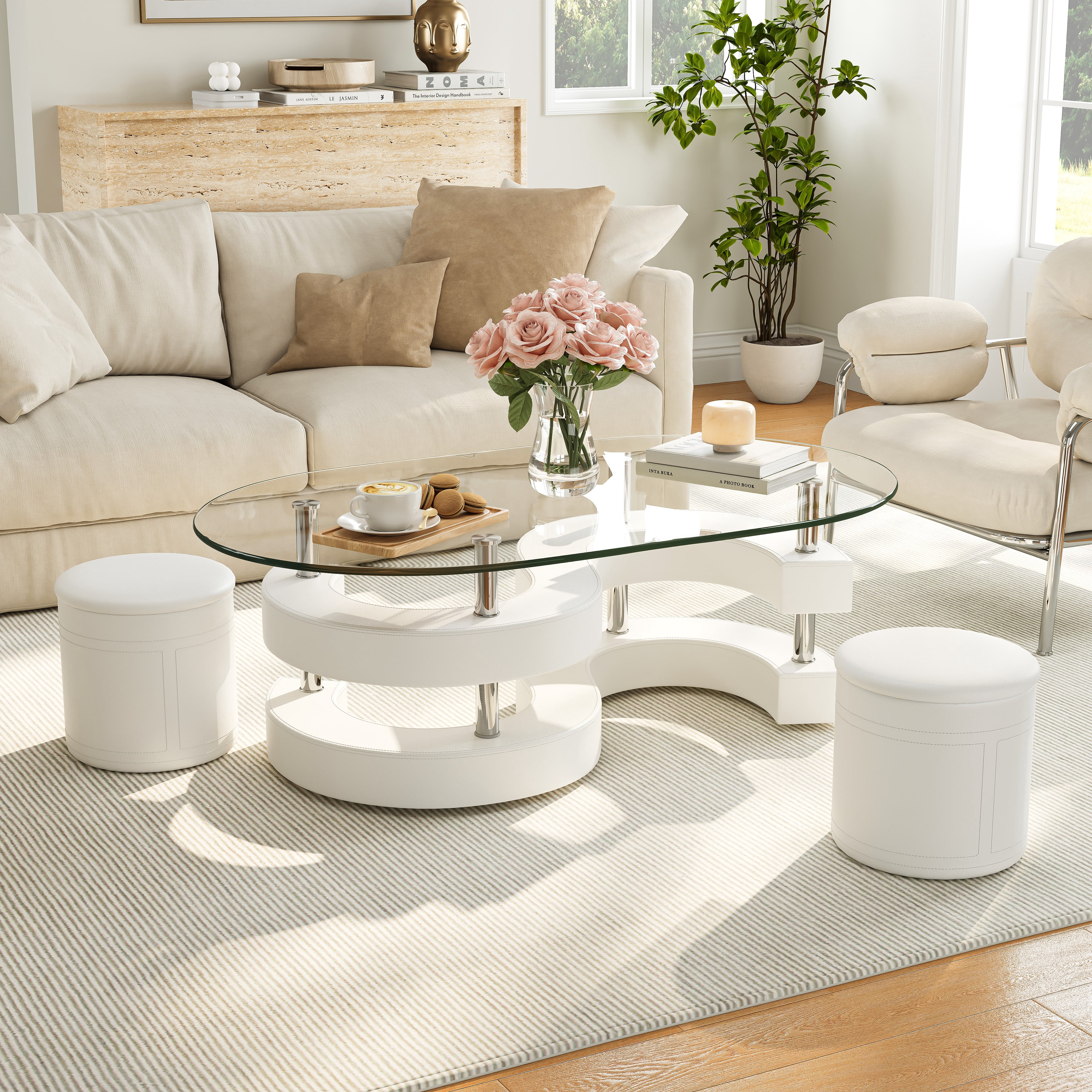 3 Pieces Coffee Table Set, 0.39" Tempered Glass Top and S Shape Base, Oval Modern Coffee Table with 2 Leather Stools, Accent Coffee Table for Living Room Bedroom