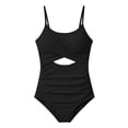 thumbnail image 4 of Likimi Children Girls One Piece Swimsuit With Hollow Out Strips Print Crew Neck Sleeveless Spaghetti Straps Comfortable Casual Swimwear For Swim Beach Black Size 7-8 Years, 4 of 5
