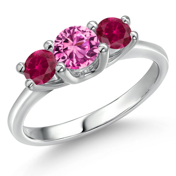 Gem Stone King 14K White Gold Pink Created Sapphire & Red Created Ruby 3-Stone Engagement Ring | 1.05 Cttw | Round 5MM and 4MM | Three Stone Wedding Anniversary Promise Ring for Women (Size 5)