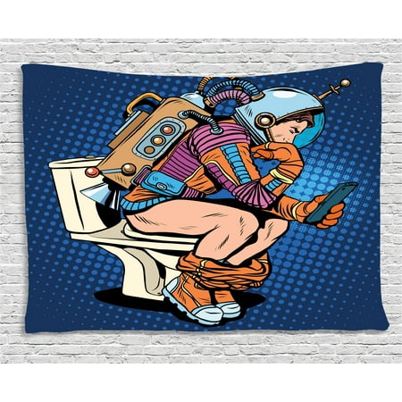 Astronaut Tapestry, Futuristic Thinking Man with Smartphone on Toilet Wasting Time Playing, Wall Hanging for Bedroom Living Room Dorm Decor, 80W X 60L Inches, Dark Blue Multicolor, by