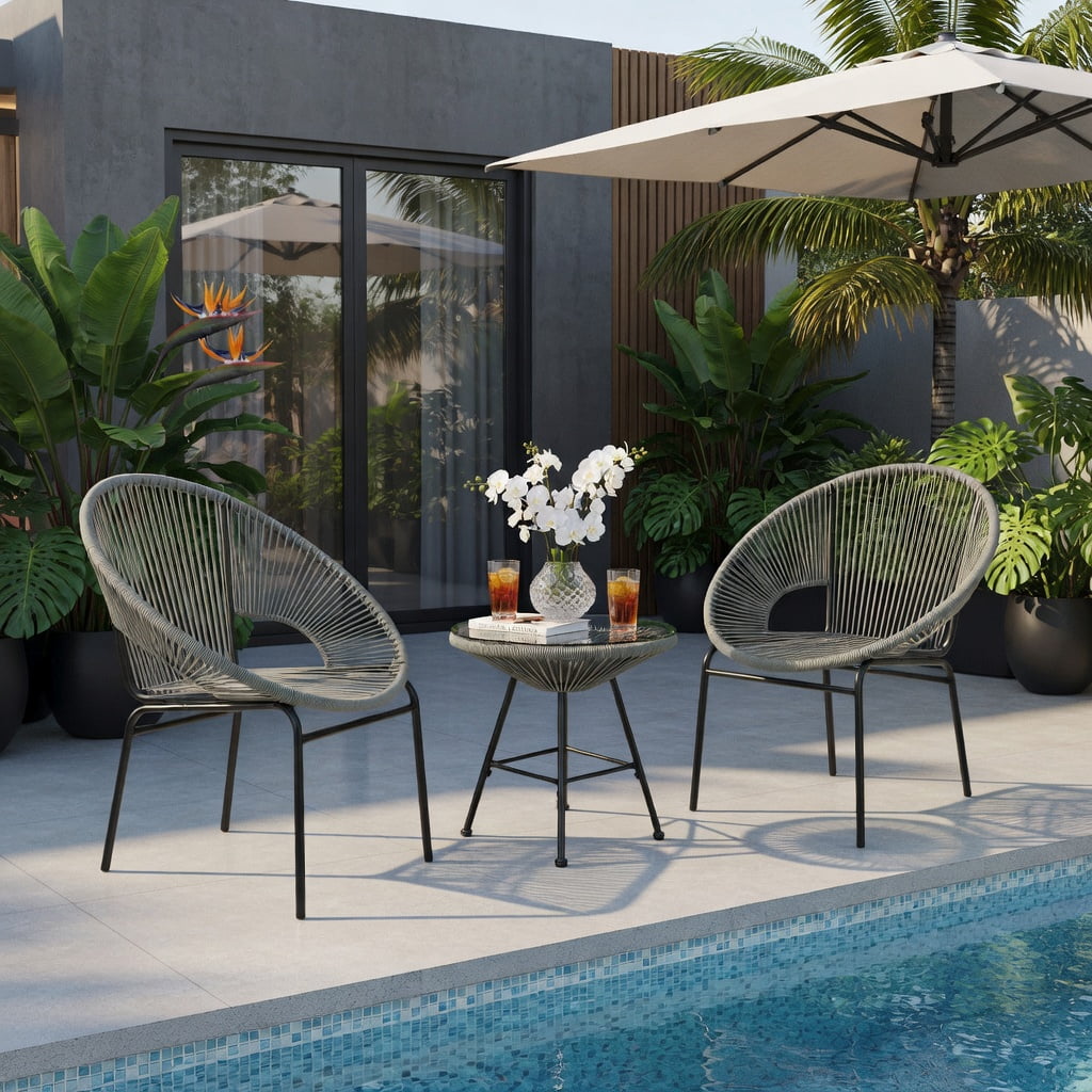 Hommoo 3-Piece Outdoor Acapulco Bistro Set, PE Rope Chairs + Tempered Glass Table for Patio, Yard & Poolside, Gray