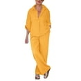thumbnail image 2 of Women's Trousers Suit Women 2 Piece Cotton Linen Outfits Casual Loose 3/4 Sleeve Tops High Waist Wide Leg Pants Suit With Pockets,Yellow Women's Trousers Suit 5XL, 2 of 7