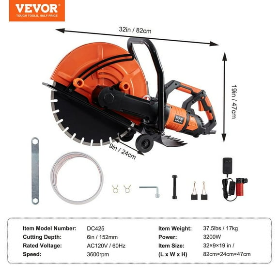 VEVOR Electric Concrete Saw, 16 in, 3200 W 15 A Motor Circular Saw Cutter with Max. 6 in Adjustable Cutting Depth, Wet Disk Saw Cutter Includes Water Line, Pump and Blade, for Stone,