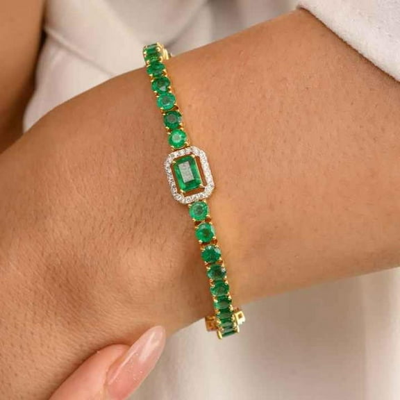 Emerald Tennis Bracelet, 925 Silver Yellow Gold Plated Round Cut Diamond Statement Bracelet, May Birthstone Jewelry, Anniversary Surprise.