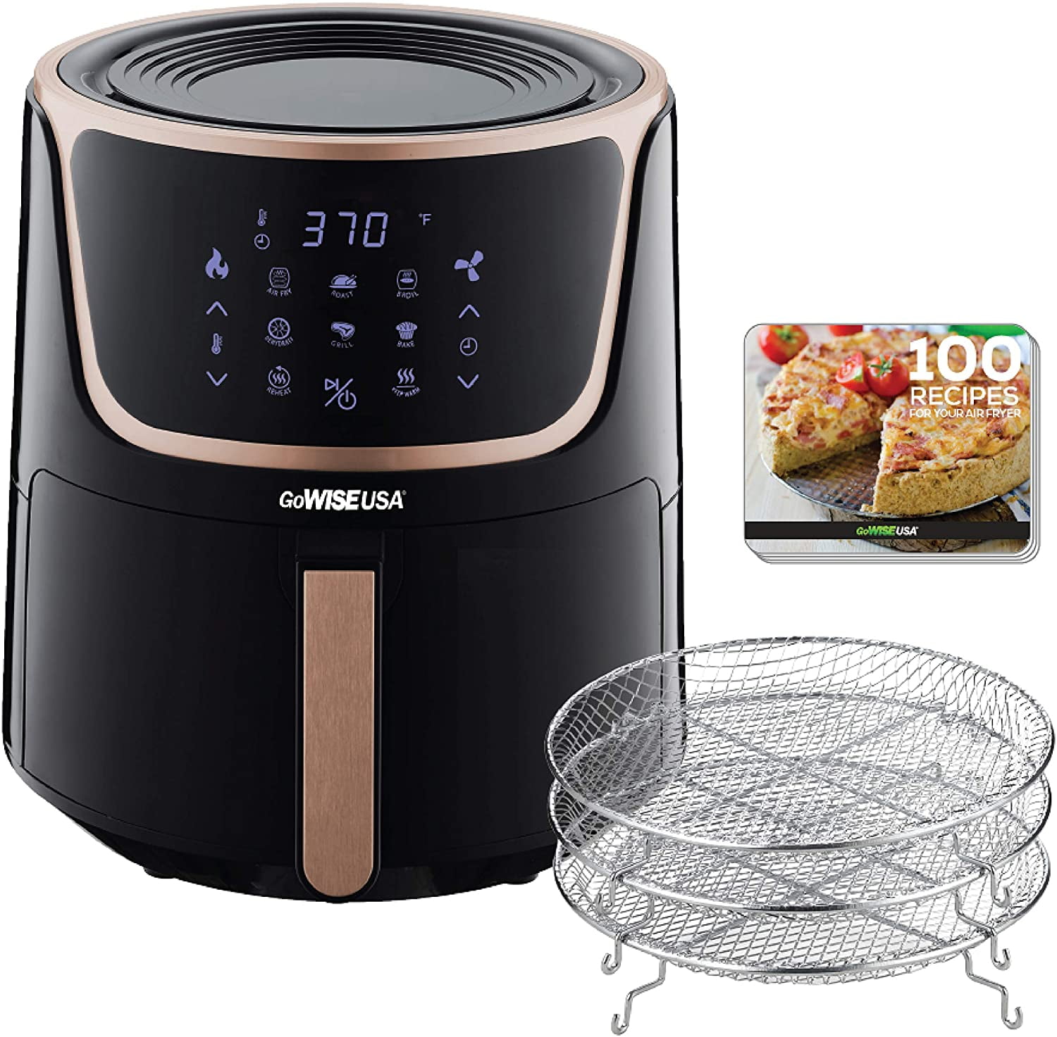 GoWISE USA 1500-Watts 3.7-Quarts 8-in-1 Digital Touchscreen Air Fryer Black 50 Recipes for your Air Fryer Cookbook 