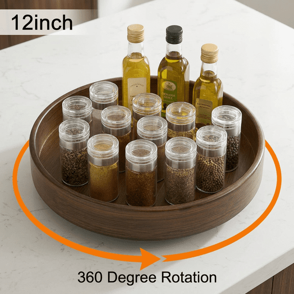 12 Inch Wooden Lazy Susan Organizer for Cabinet, Round Rotating Spice Rack Turntable with Raised Edge, Brown