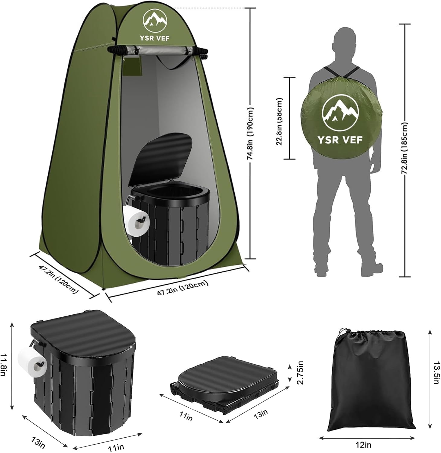 Portable Camping Toilet Kit with Pop-Up Privacy Tent, Washable Outdoor Shower and Changing Room, Includes Toilet Bags and Poo Gel