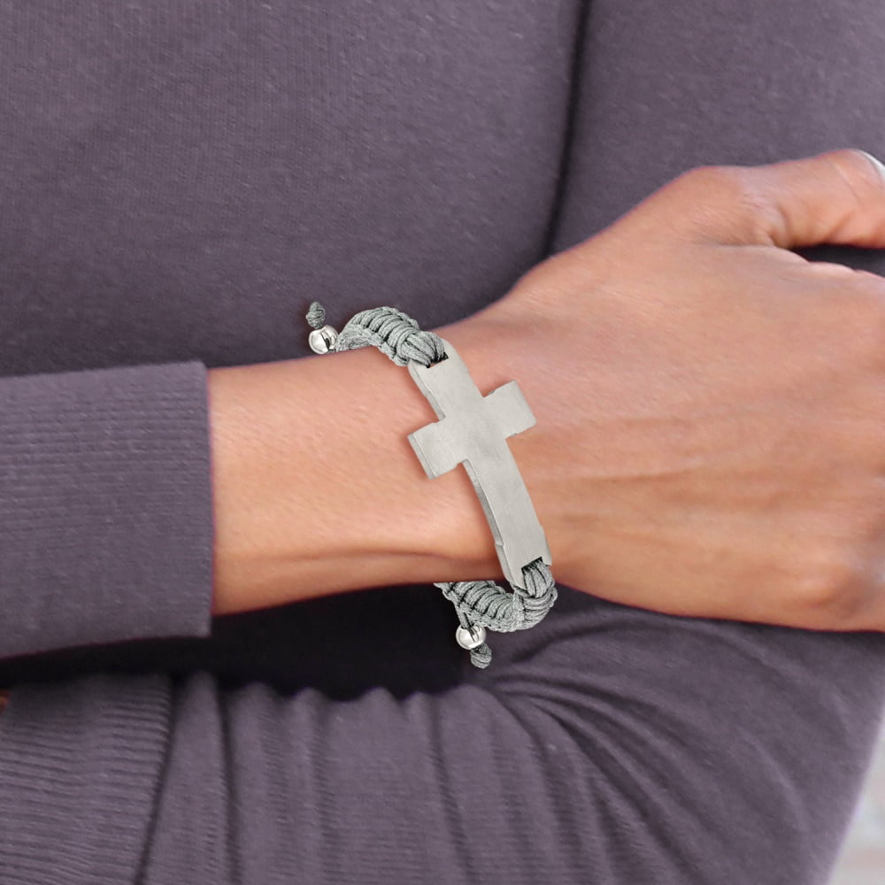 Diamond2Deal Stainless Steel Brushed and Polished Cross Grey Nylon Adjustable Bracelet for Men 7.5"
