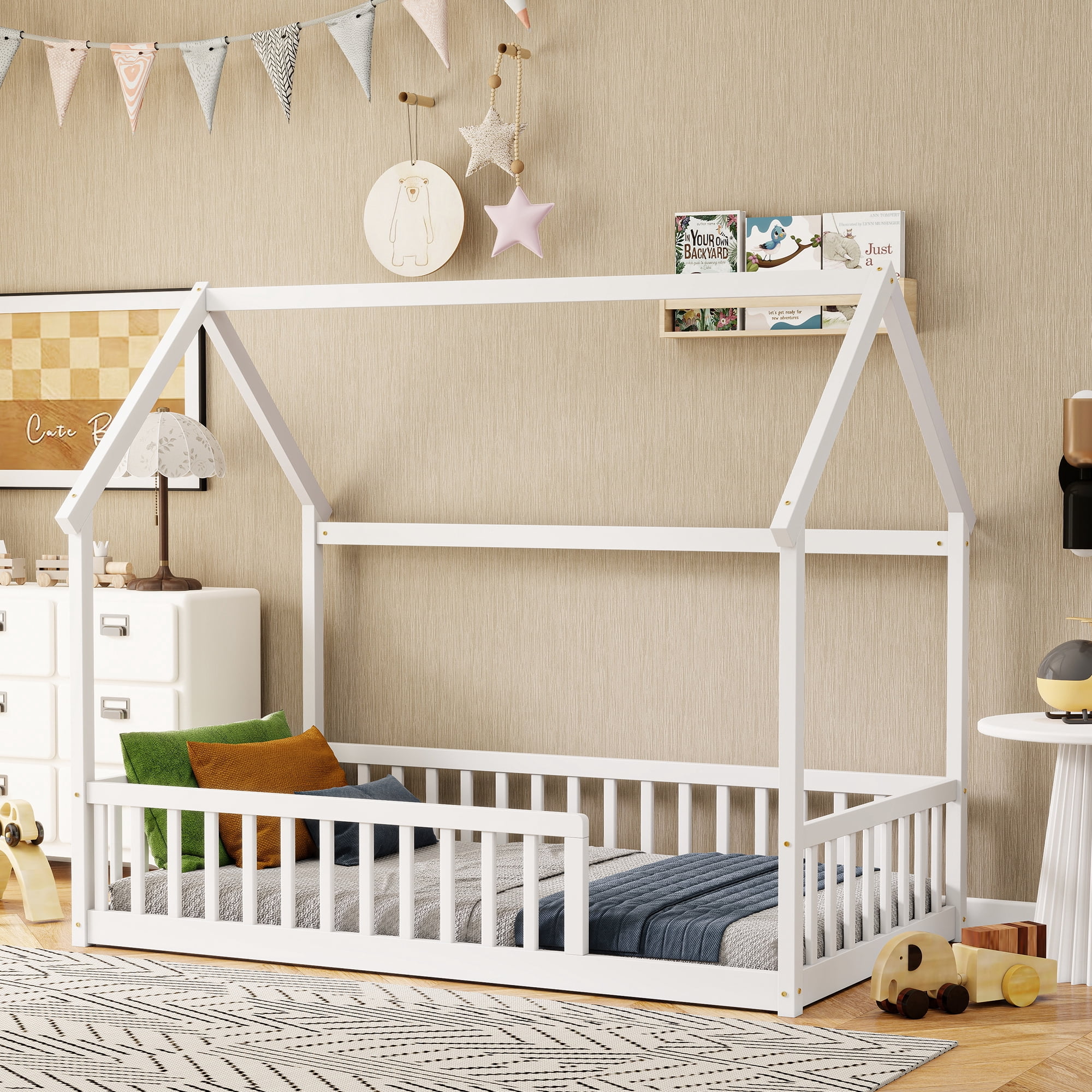 Twin Size House Floor Bed with Roof Frame, Pine Wood Floor Bed with Safety Guardrails, White