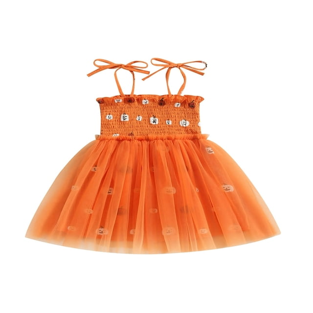Robe d'Halloween pour Bébé Fille Imprimé Citrouille Sans Manches en Tulle Robe Trapèze