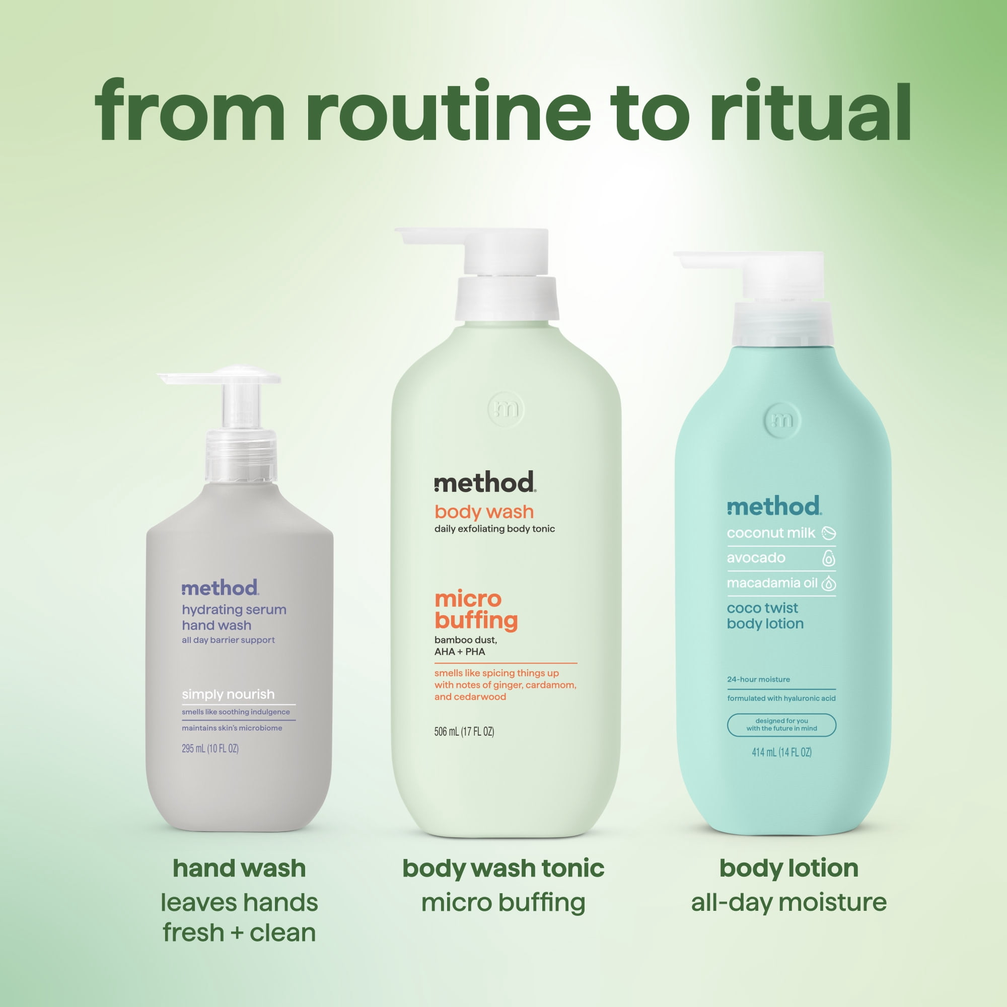 method Exfoliating Body Wash, Micro Buffing - Notes of Ginger, Cardamom & Cedarwood, Made Without Parabens, Smooths Skin with AHA & PHA, 17 fl oz