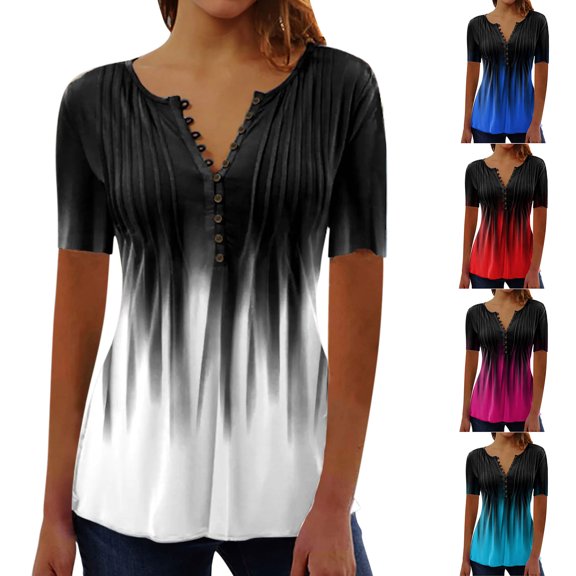 Fesfesfes Shirts Women Casual Print V Neck Tee Loose Short Sleeve T-shirt Top Blouse Pullover T-Shirts for Women L(US:8)