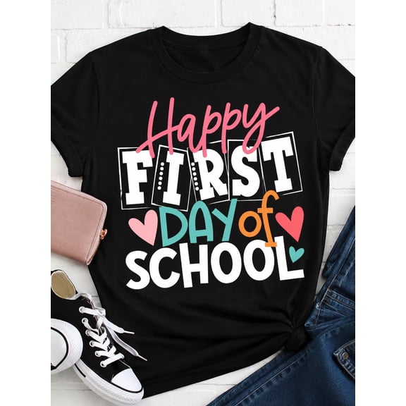 Women's Back to School Graphic T-Shirt, Happy First Day of School Cute Heart Print Tee, Casual Crew Neck Short Sleeve Cotton Shirt, Teacher Appreciation Gift