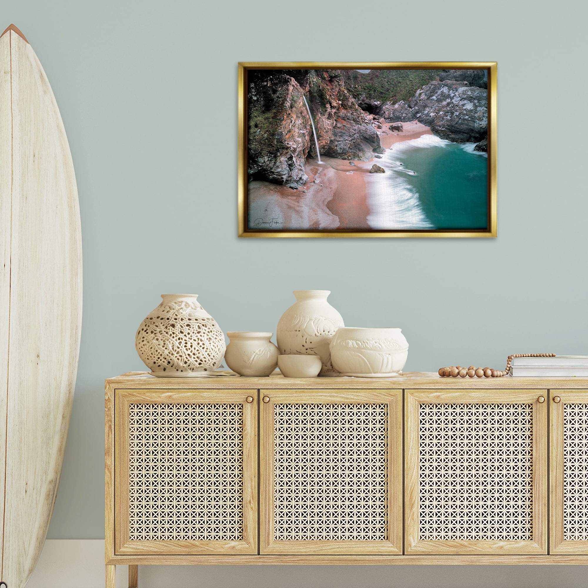 Stupell Industries Tropical Waterfall Cliffs Coastal Painting Gold Floater Framed Canvas Art Print Wall Art, 31 x 21