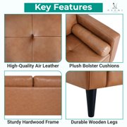 Naomi Home Velonie Air Leather Mid-Century Sofa, Removable Cushions, Matching Bolster Pillows, Spacious 3-Seater Comfort, Solid Wood Frame, Everyday Relaxation, Tan