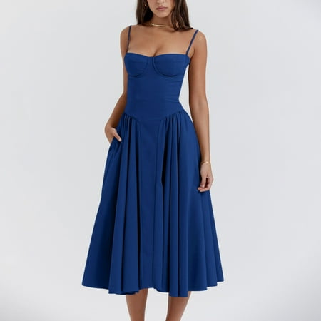TKing Fashion Summer Dresses for Women  Casual Maxi Corset Dress Solid Square Neck Sleeveless Dresses Low Cut Long Swing Tank Dress Clearance Dark Blue L