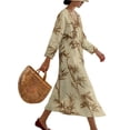 thumbnail image 3 of DISNIMO Women's Linen Style Maxi Dress Leaf Print V Neck Loose Dresses 3/4 Sleeve Midi Dresses Fashion Long Dress for Women, S, 3 of 6