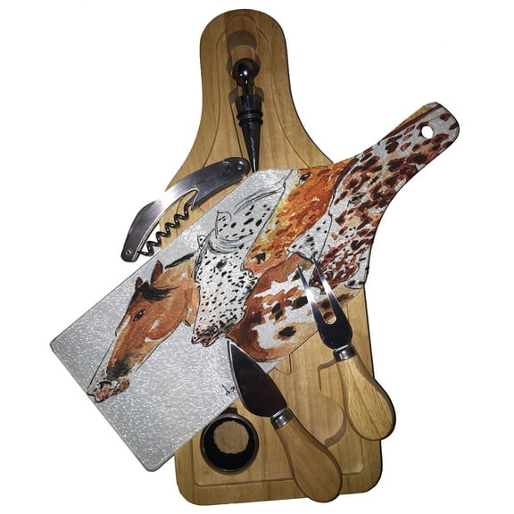 KuzmarK Wine & Cheese Glass Cutting Board Wood Box Gift Set - Four Appaloosa Horses Equine Art by Denise Every