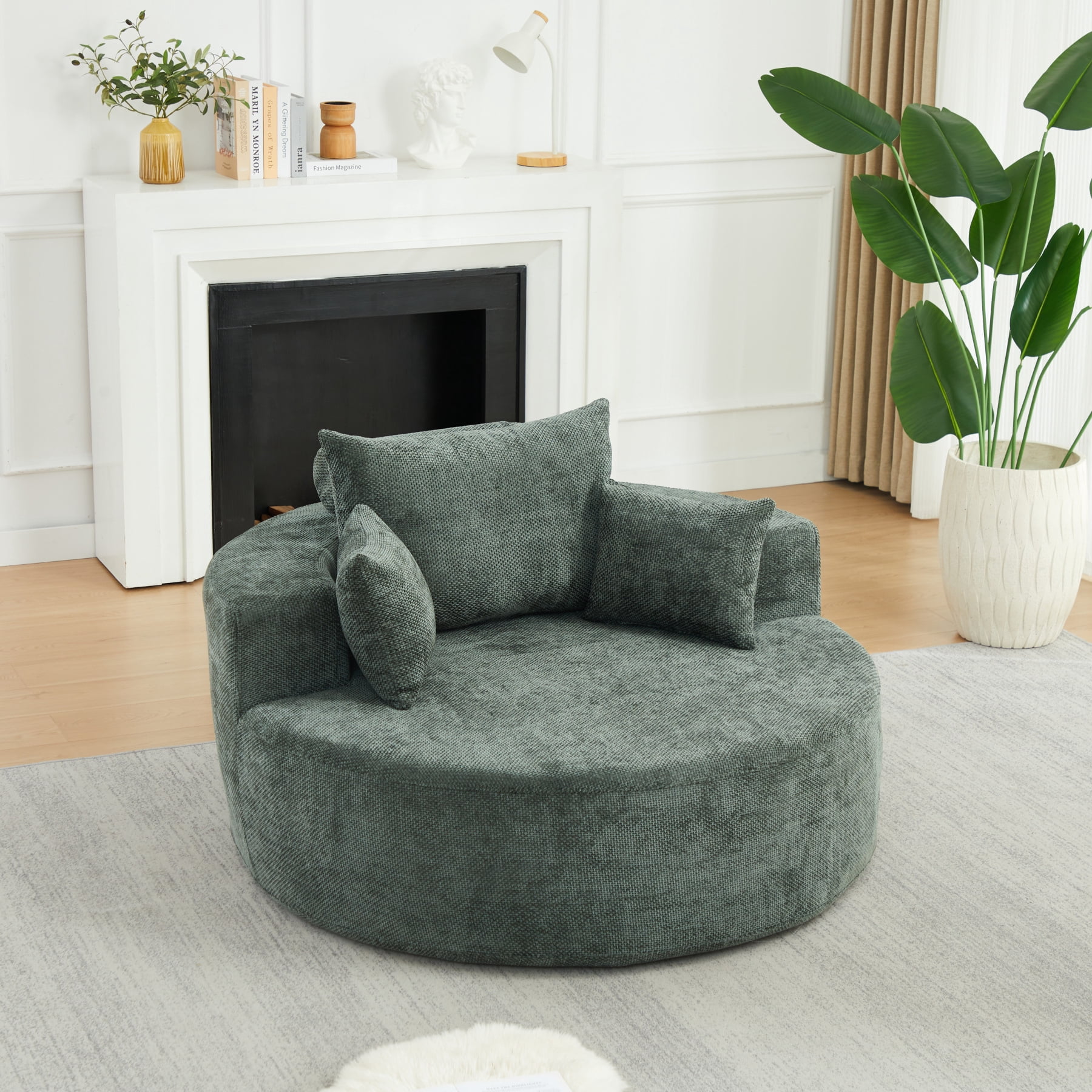 Leumius 55'' Oversized Round Chaise Longue Chair,Upholstered Chenille Single Cloud Circle Sofa Chair with Deep Seat,Fluffy Modern Sleeper Sofa Bed for Reading,Living Room,Bedroom,