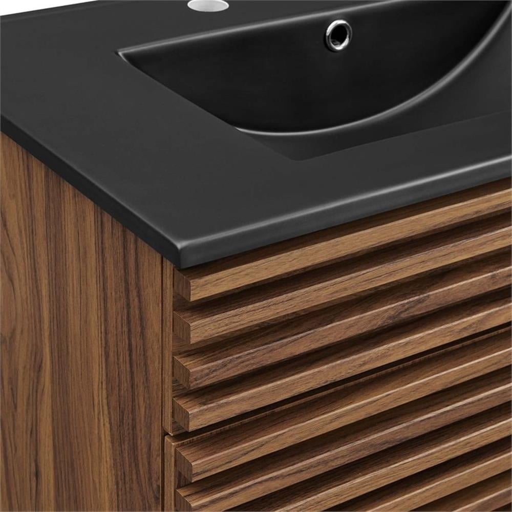 Pemberley Row Wood and Ceramic Walnut and Black Bathroom Vanity Rectangular Adjustable Shelf 30" Unassembled