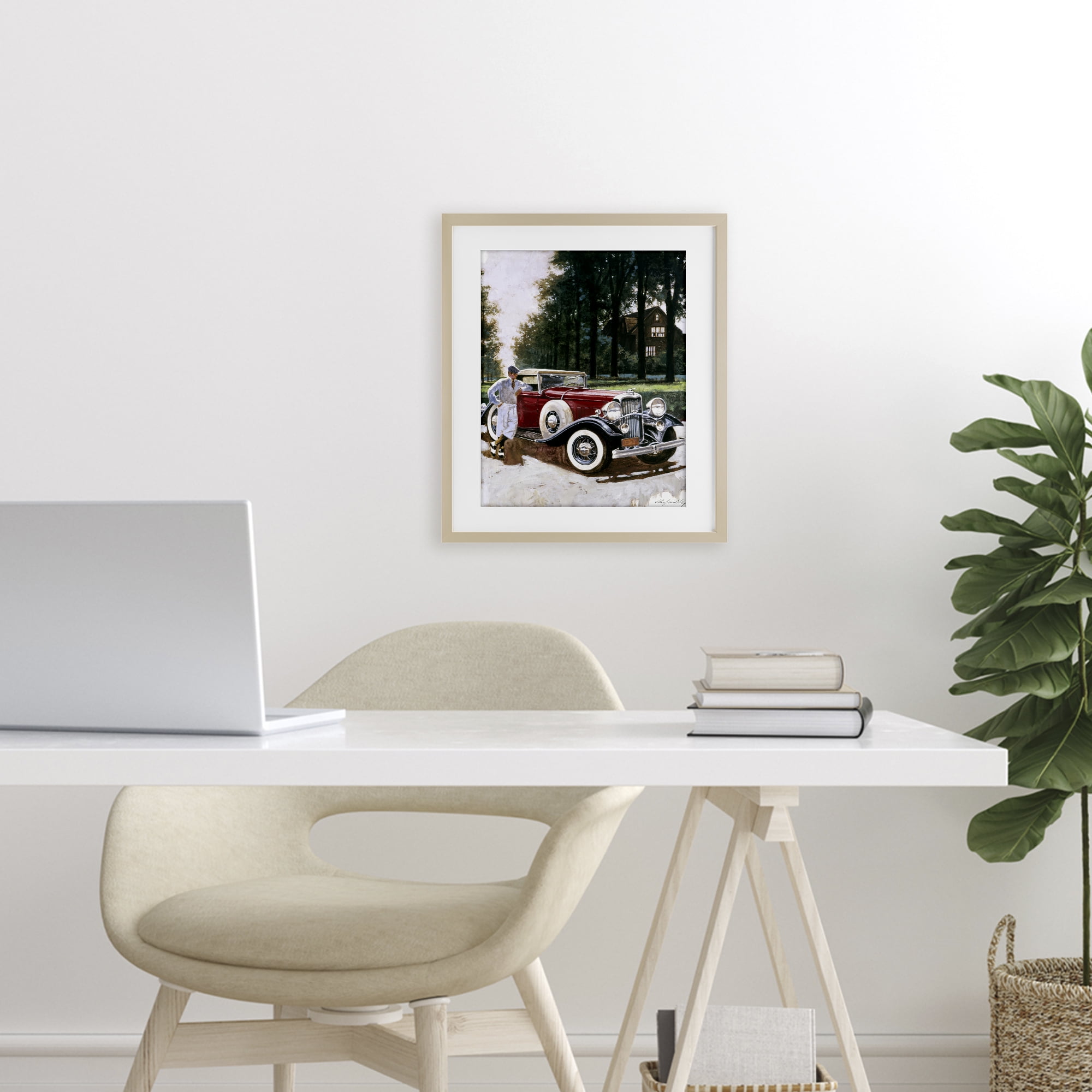 Retro Convertible Coupe & Driver Birch Framed Print Under Glass, design by Wind River Studios
