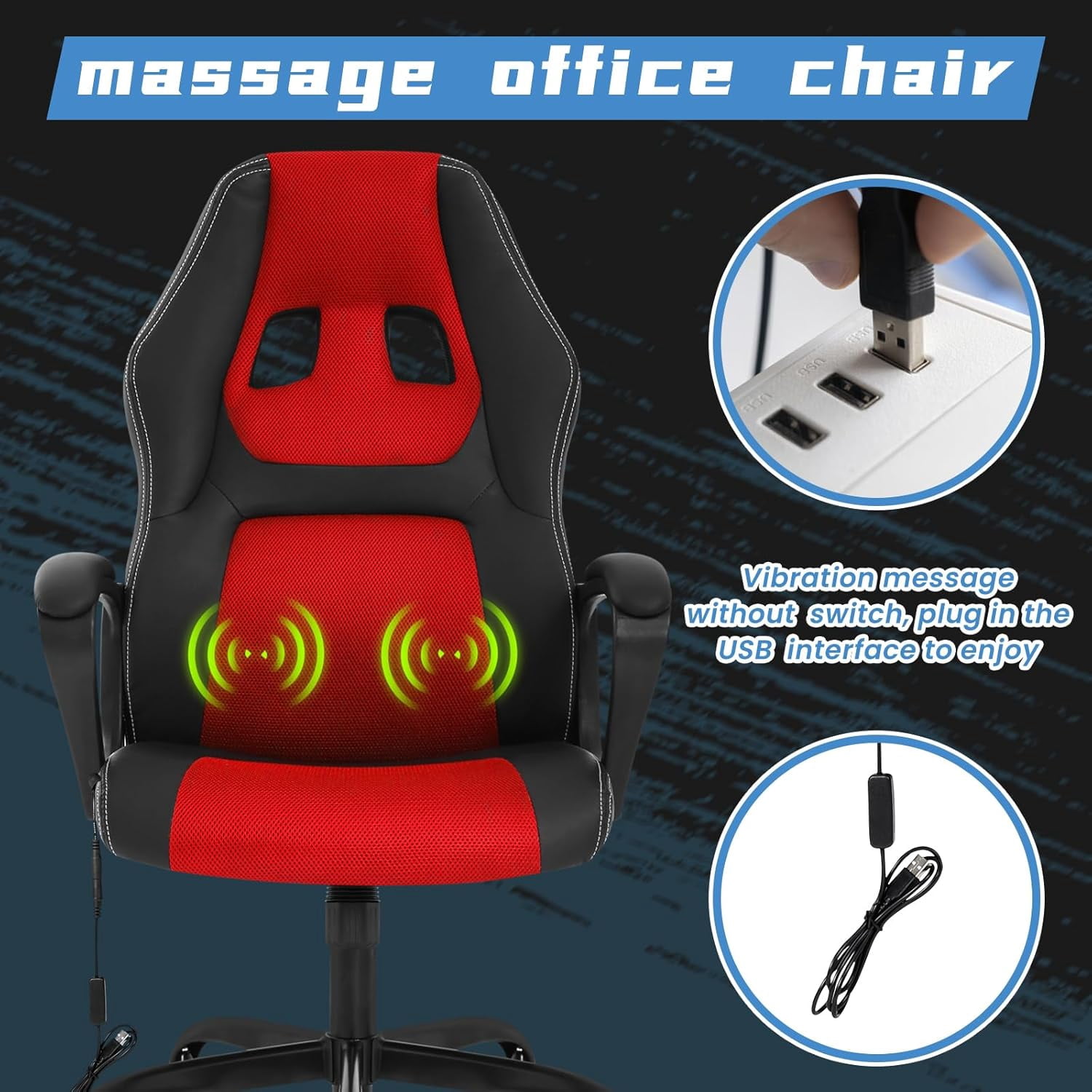 Dkelincs Gaming Chair Massage Computer Chair Ergonomic Video Game Chairs, Adjustable Office Desk Chair with Lumbar Support & Armrest for Teens & Children, Red