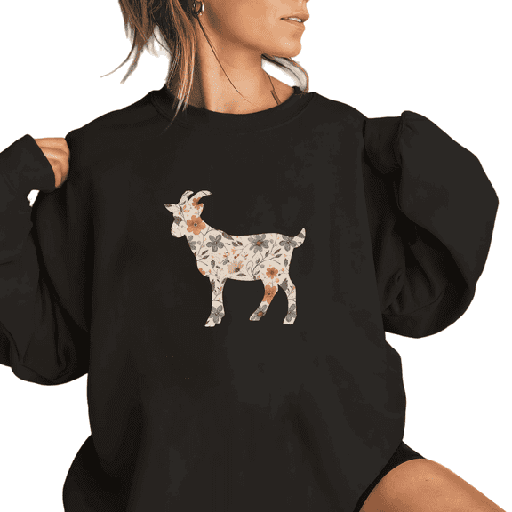 Women's Floral Goat Silhouette Graphic Comfortable Sweatshirt Top Casual Round-neck long-sleeved Black S-3XL