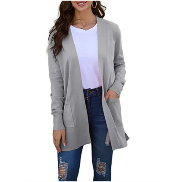 Yskkt Women's Long Sleeve Sweater Open Front Pocket Cardigan Outwear with Cufflinks - Walmart.com