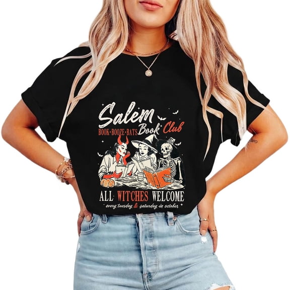 Witchy Book Club Print T-shirts Spooky Girl Reading Graphic Tees Book Lover Halloween Design Casual Tops Short Sleeve Cotton Acid Washed Shirts