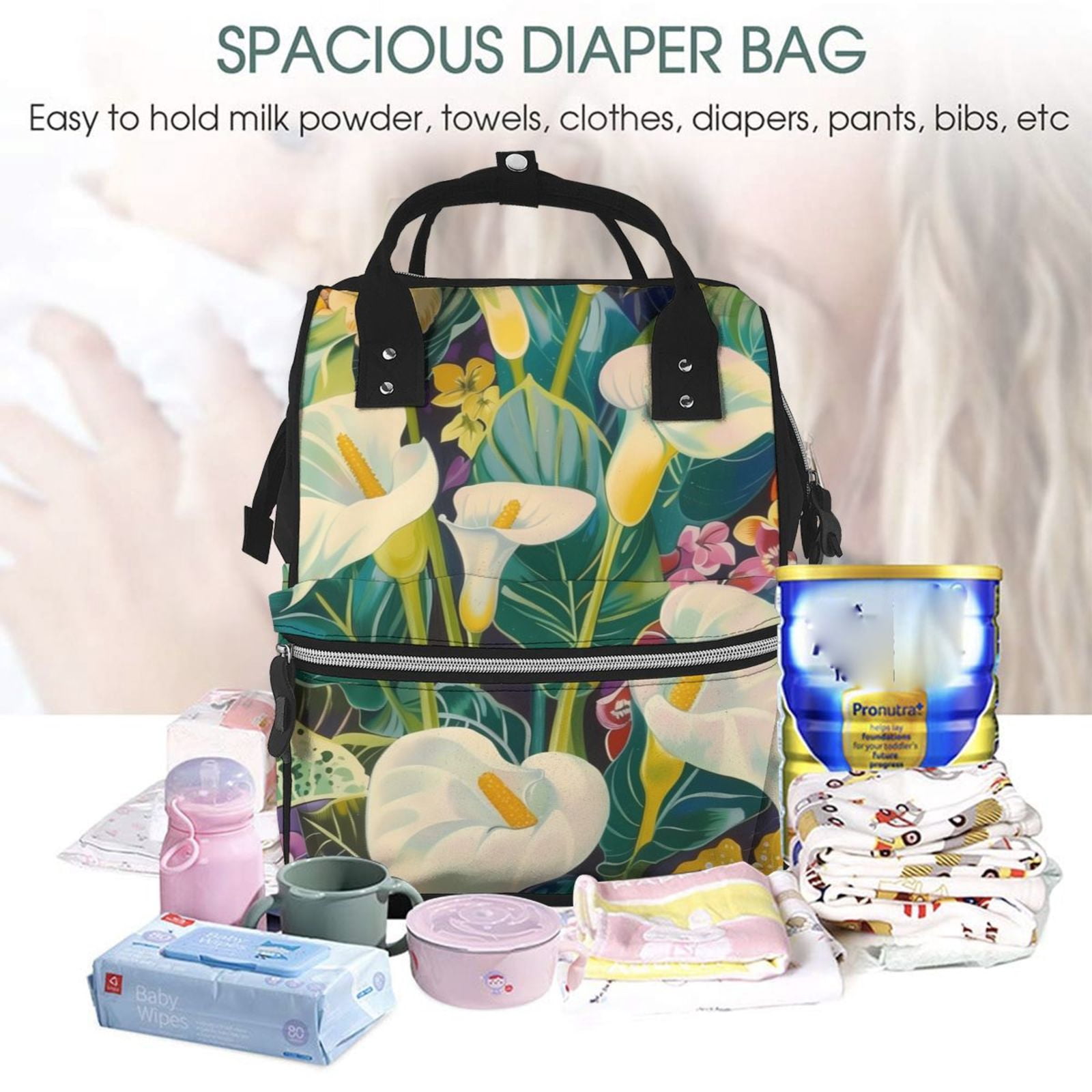 Fuzoiu Tropical Floral Jungle Print Diaper Bag Backpack,Baby Essentials Travel Tote,Multi function Waterproof Diaper Bag, Travel Essentials Baby Bag - Unisex