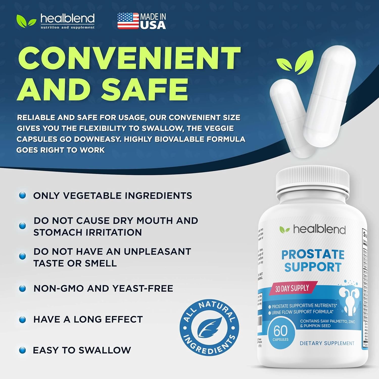 Healblend Prostate Support Supplement for Men - Improves Urinary Health, Bladder Discomfort, Promotes Sleep with Pygeum and Saw Palmetto - 60 Capsules (3 Pack)