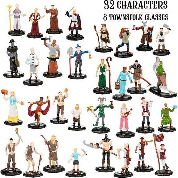 1" Hex Townsfolk Mini Fantasy Figures Set - 32 Unique Non Player Characters NPC - Nobility, Merchants, Peasants, Entertainers, Compatible w DND Dungeons Dragons Pathfinder RPG Games