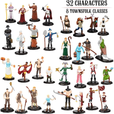 1" Hex Townsfolk Mini Fantasy Figures Set - 32 Unique Non Player Characters NPC - Nobility, Merchants, Peasants, Entertainers, Compatible w DND Dungeons Dragons Pathfinder RPG Games