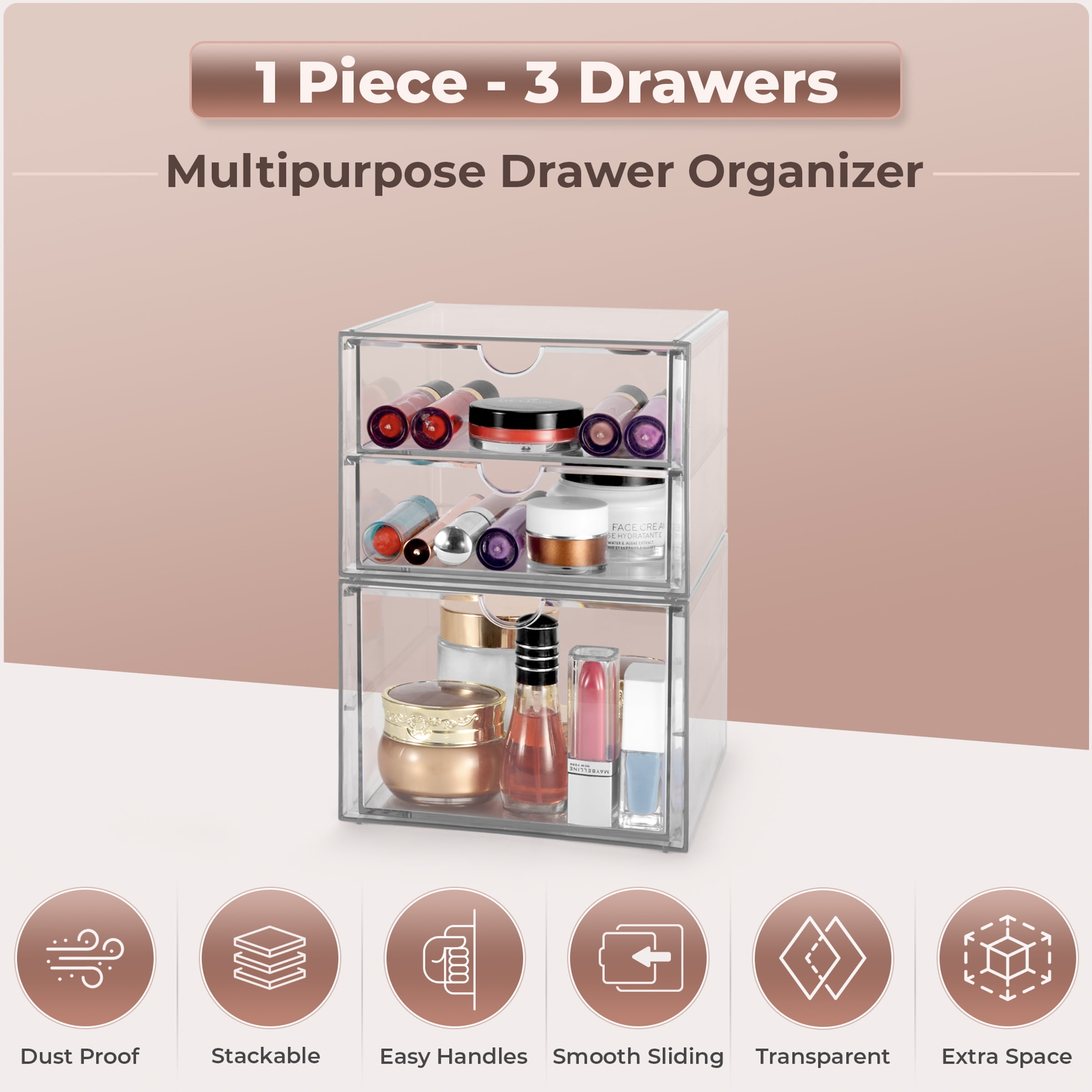 Sorbus 2-Piece Acrylic Makeup Organizer, 3 Drawer Stackable Storage Bins, Clear