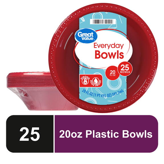 Great Value Everyday Disposable Plastic Bowls, Red, 20 oz, 25 Count