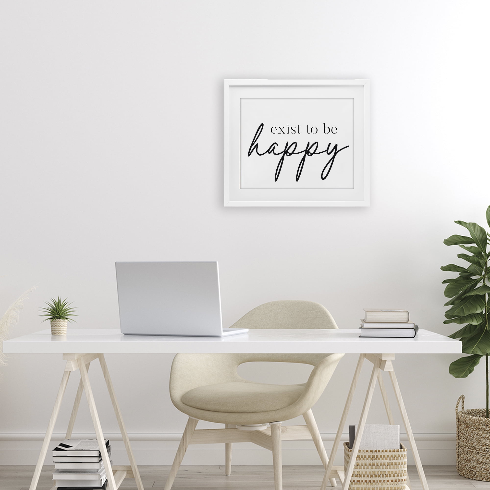 Exist To Be Happy White Framed Print Under Glass, design by Lettered and Lined
