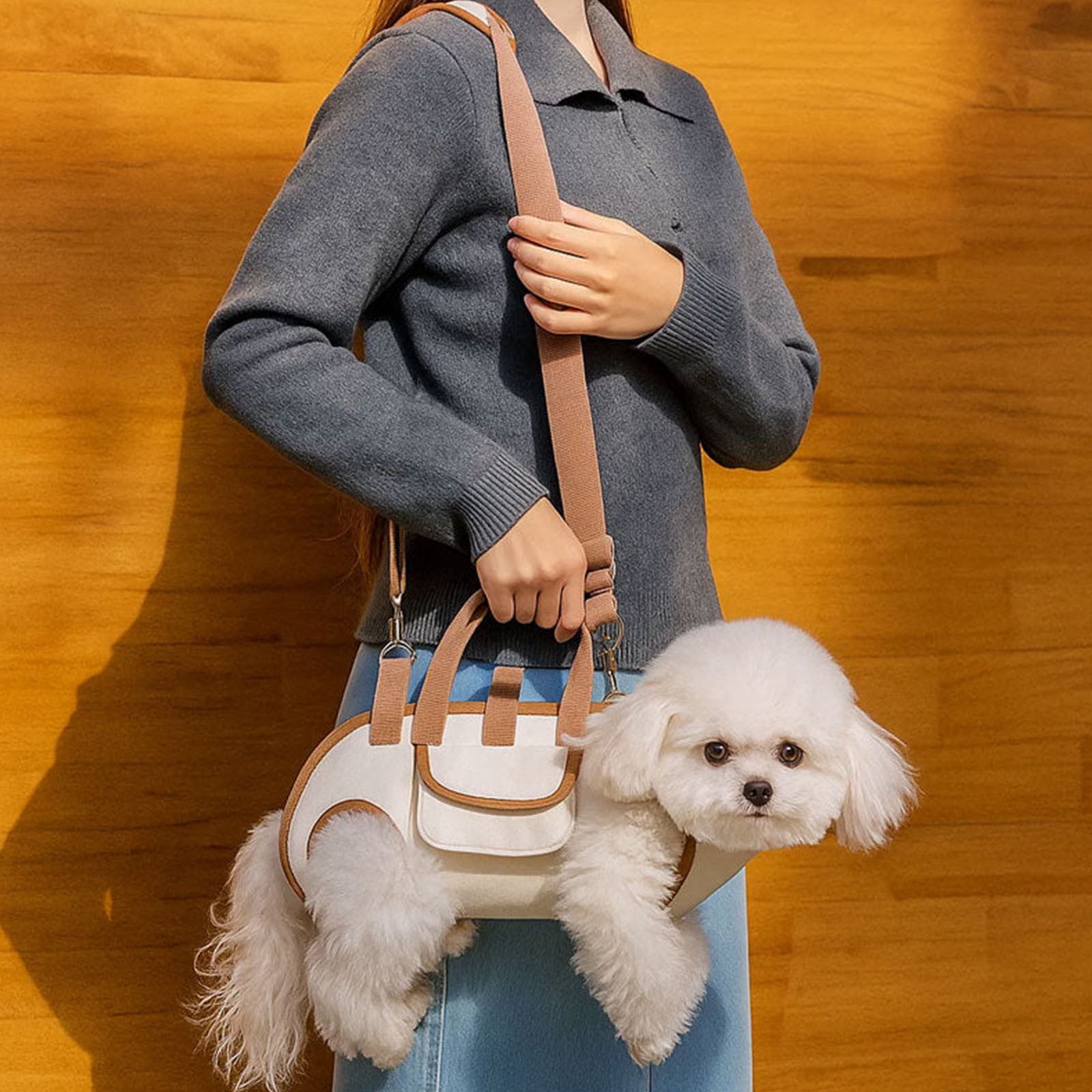 Dog Full Body Lift Harness for Small Dogs, Outdoor Pet Bag Hands Free Shoulder Yorkie Carrier, Adjustable Breathable Vest Straps with Small Puppy Treat Bag, Beige (M(8.81~14.33lbs))