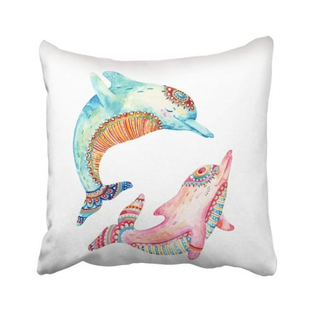 BPBOP Blue Fish Watercolor Pair Of Lovely Dolphins White Leaps Out Hand Cute Animal Colorful Sea Pillowcase Cover 18x18 (Best Out Of Waste Sea Animals)
